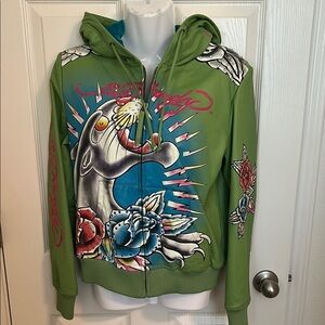 Ed Hardy Artistic Green and Blue Bomber leather Jacket